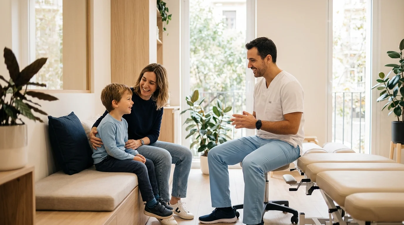 Familia sonriendo en un parque de Gràcia, recibiendo bienestar familiar quiropráctico.