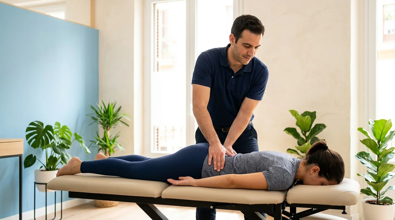 Persona sentada con dolor de coxis, recibiendo un ajuste quiropráctico en la zona lumbar