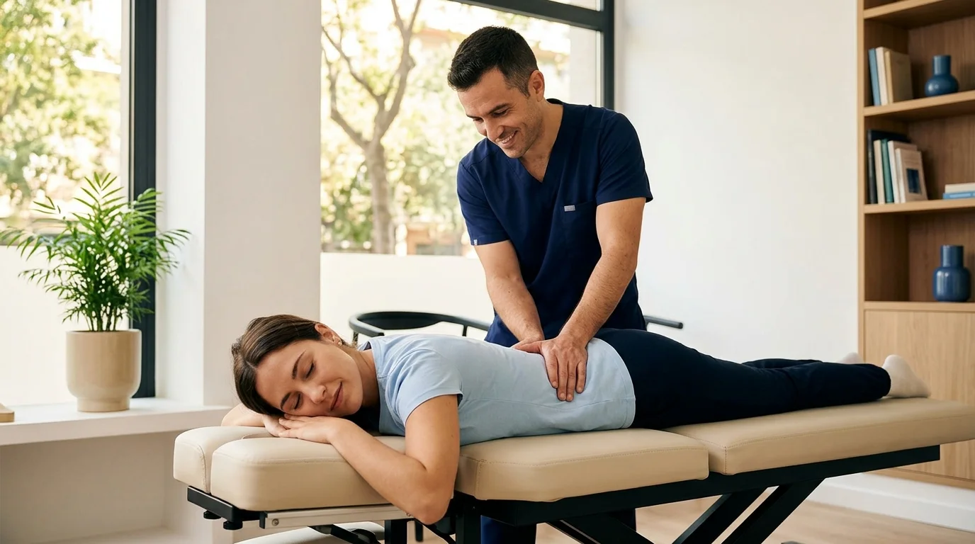 Dr. Miguel Vera ajustando la columna de un miembro en ONE Chiropractic Studio Barcelona Gràcia, para aliviar el dolor de espalda crónico.