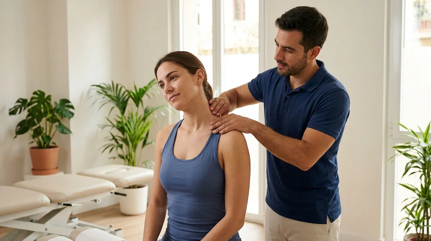 Mujer con dolor de hombros y cuello señalando la zona cervical