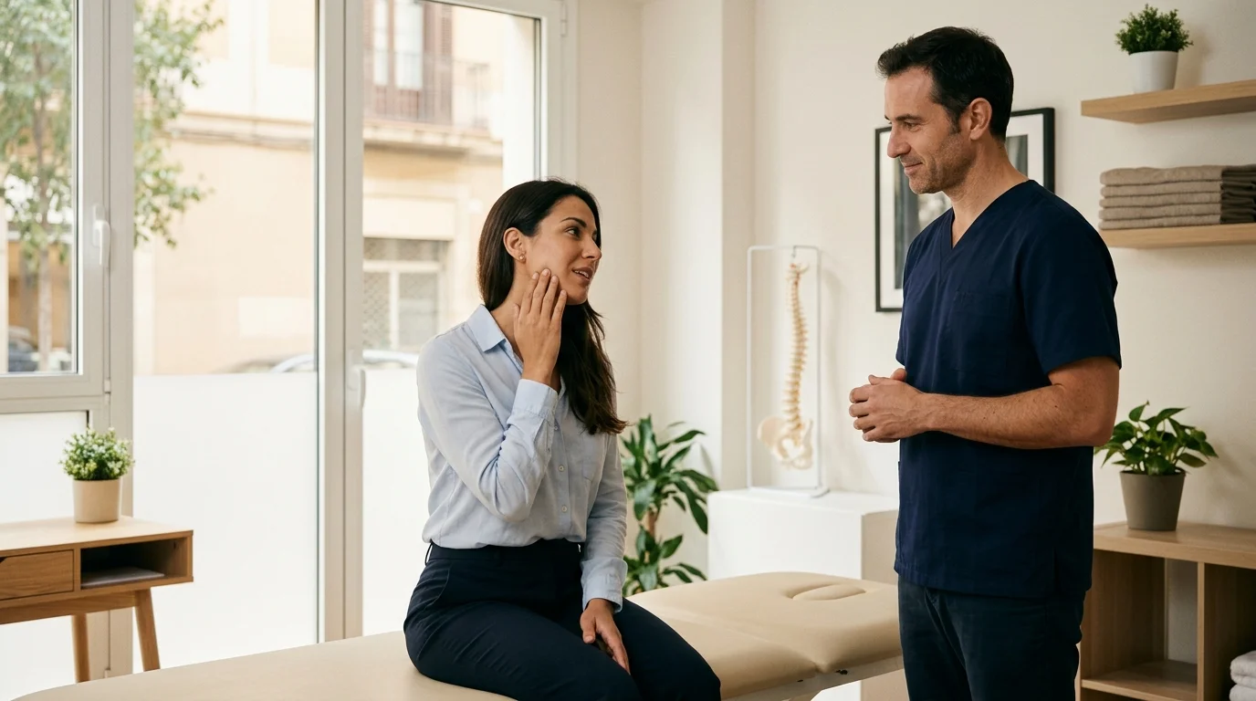 Persona con dolor de mandíbula ATM señalando el cuello y la mandíbula, mostrando la conexión cervical y quiropráctica.