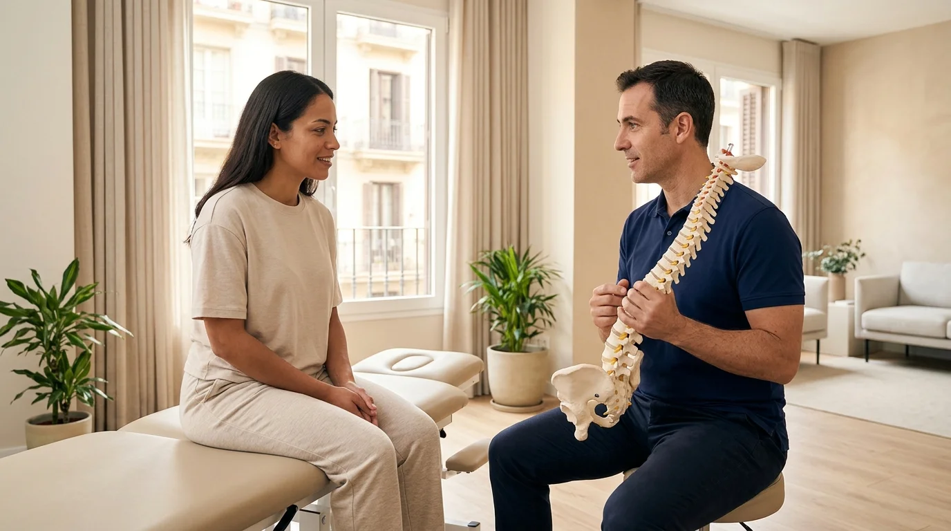 Columna vertebral con escoliosis y manos de quiropráctico en un ajuste