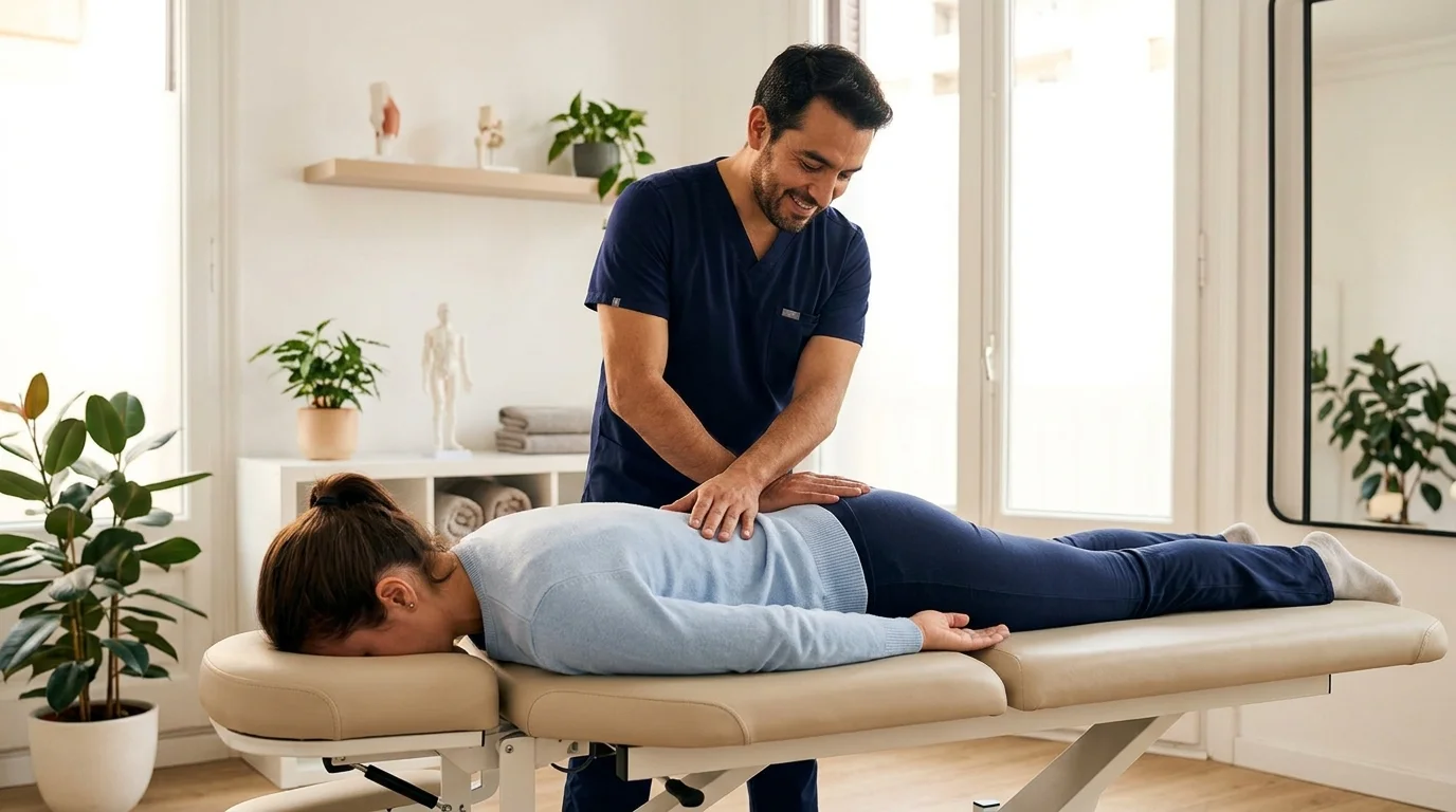 Doctor en quiropráctica realizando una evaluación para la gestión del dolor crónico