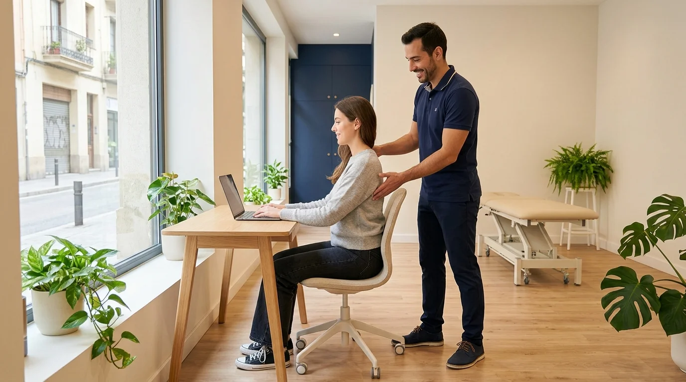 Persona sentada con postura correcta al sentarse en una silla ergonómica de oficina