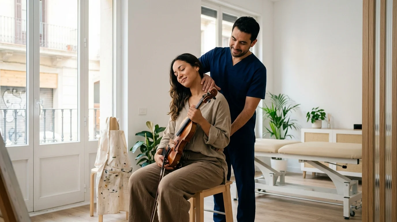 Músico con violín y quiropráctico en ONE Chiropractic Studio Barcelona Gràcia